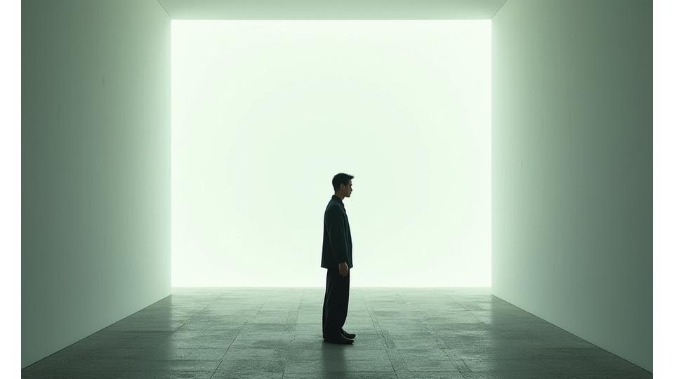 日本の禅庭園のようなミニマリストな空間で瞑想する男性のシルエット