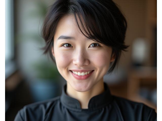 講師であるユミ氏のポートレート。洗練された現代的なバーバーの服装で、親しみやすい表情。