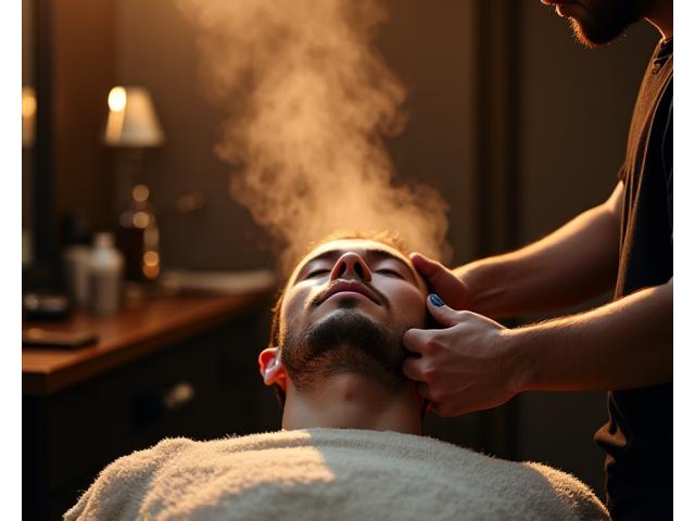 熟練のバーバーによる伝統的な危険剃刀を使ったシェービングのクローズアップ