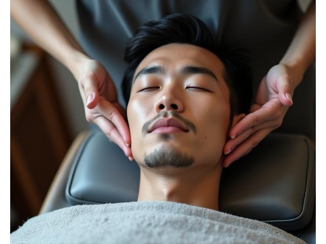 男性がリラックスして顔のマッサージを受けるスパサービスの様子
