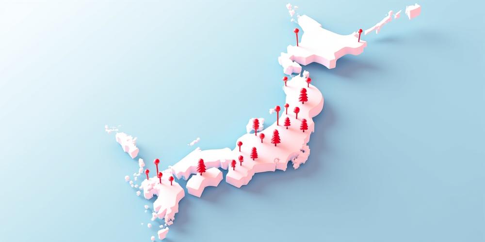 日本全国の店舗位置を示すインタラクティブマップ。東京、大阪、京都、札幌、名古屋、福岡、広島、仙台の店舗がピンで表示されている。