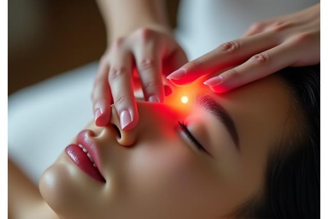 男性の顔にある東洋医学のツボを円形マークで示し、そのツボに指で刺激を与えている日本人男性の手のクローズアップ。