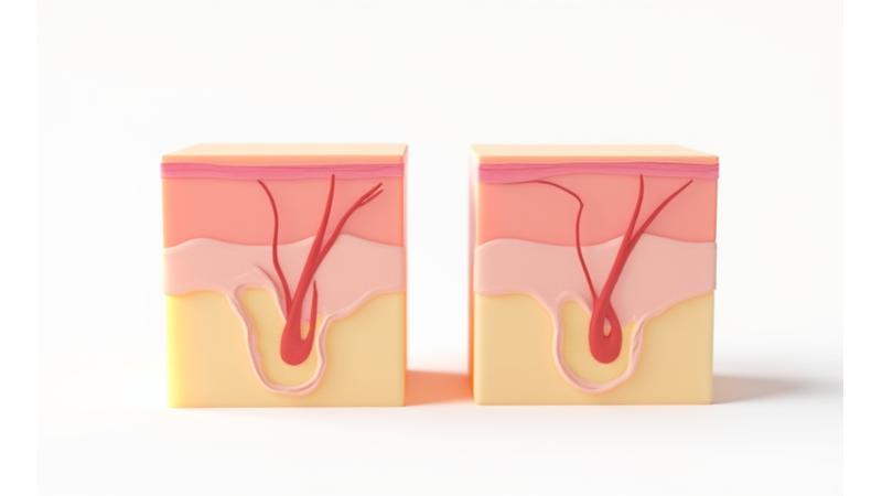 男性の肌と女性の肌の違いを示す科学的な図。男性の肌がより厚く、皮脂分泌が多いことを強調。