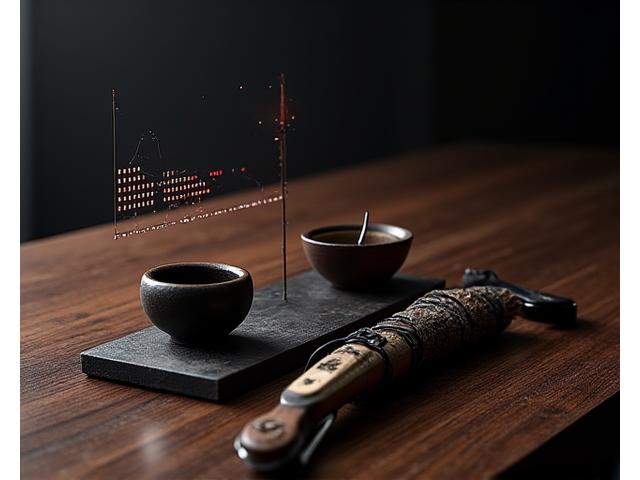 厳かに並べられた日本の伝統的な道具と、現代的なデータインターフェースの融合