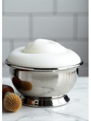 豊かな泡立ちのシェービングクリームが入ったシルバーのボウルとブラシ。背景はミニマルなバスルーム。