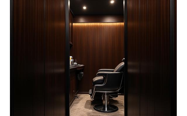 モダンでミニマルなデザインのバーバーショップの個室。柔らかな照明、ダークウッド、革製の椅子が落ち着いた高級感を演出している。