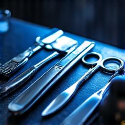 業務用紫外線消毒器の中に並べられた理容器具。清潔感とプロ意識が伝わる。